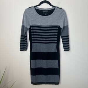 Cynthia Rowley 100% Extrafine Merino Wool Black Gray Stripe Sweater‎ Dress Small